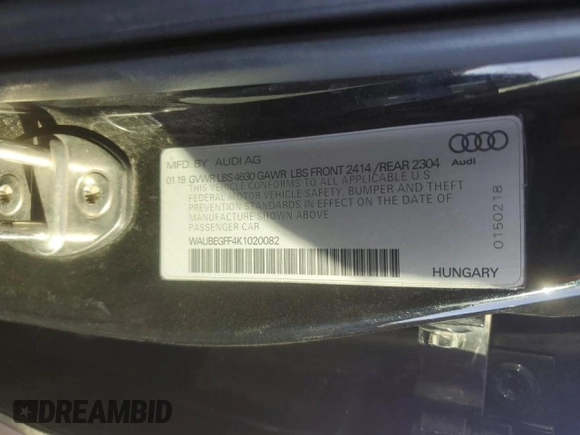 2019 Audi A3 Sedan Premium with VIN WAUBEGFF4K1020082, listed as a Copart auction lot 43454865 with 224,668 mi miles and Salvage Title. Bid and sale history available at carsss.com. Image 12.