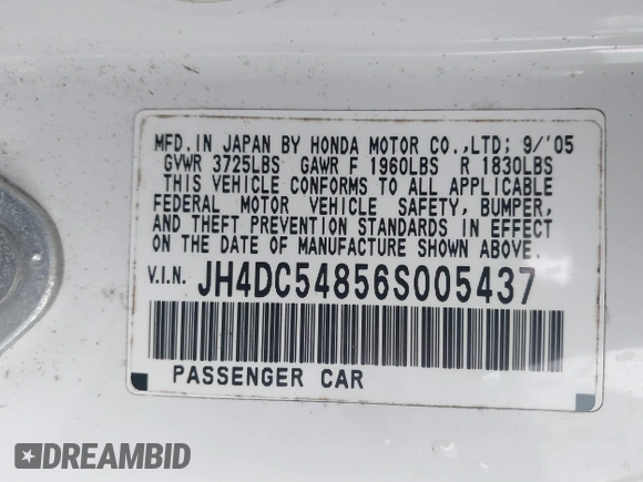 2006 Acura RSX z VIN JH4DC54856S005437, wystawiony jako IAAI lot #41402284 z przebiegiem Nie podano mil oraz . Historia ofert i sprzedaży dostępna na DreamBid. Obrazek 9.