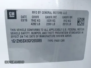 2016 Chevrolet Malibu Premier with VIN 1G1ZH5SX6GF265089, listed as a IAAI auction lot 42148876 with 127,497 mi miles and . Bid and sale history available at DreamBid. Image 9.