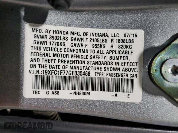 2016 Honda Civic Sedan EX-L with VIN 19XFC1F77GE035468, listed as a Copart auction lot 48782985 with 94,162 mi miles and Clean Title. Bid and sale history available at carsss.com. Image 12.