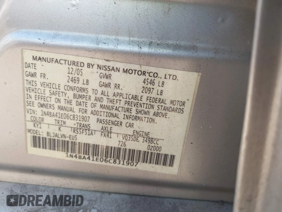 2006 Nissan Maxima SE с VIN 1N4BA41E06C831907, выставлен на аукционе IAAI как лот 40852598 с пробегом 135 994 миль миль и . История ставок и продаж доступна на DreamBid. Изображение 9.