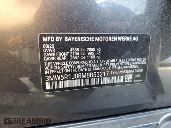 2021 BMW 3 Series 330i with VIN 3MW5R1J08M8B53217, listed as a Copart auction lot 48340395 with 14,571 mi miles and Salvage Title. Bid and sale history available at carsss.com. Image 13.