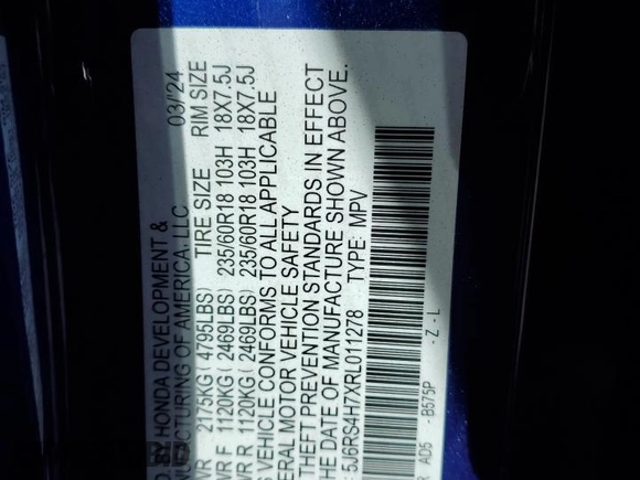 2024 Honda CR-V EX-L with VIN 5J6RS4H7XRL011278, listed as a Copart auction lot 53759015 with 14,030 mi miles and Salvage Title. Bid and sale history available at carsss.com. Image 13.