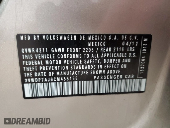 2012 Volkswagen Jetta SE with VIN 3VWDP7AJ6CM455155, listed as a Copart auction lot 50738685 with Not provided miles and Salvage title. Bid and sale history available at DreamBid. Image 12.