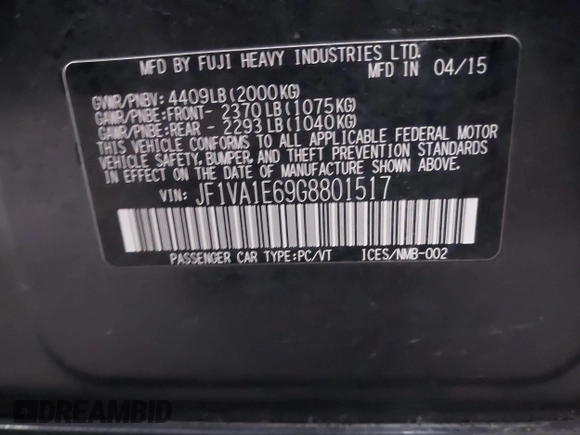2016 Subaru WRX Premium with VIN JF1VA1E69G8801517, listed as a IAAI auction lot 41558194 with 118,332 mi miles. Bid and sale history available at carsss.com. Image 9.
