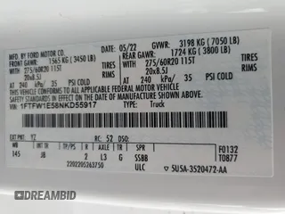 2022 Ford F-150 XL with VIN 1FTFW1E58NKD55917, listed as a Copart auction lot 54218595 with 64,488 mi miles and Salvage title. Bid and sale history available at DreamBid. Image 12.