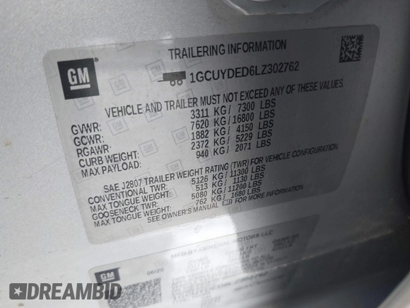 2020 Chevrolet Silverado 1500 LT with VIN 1GCUYDED6LZ302762, listed as a IAAI auction lot 41402510 with 150,000 mi miles and . Bid and sale history available at DreamBid. Image 9.