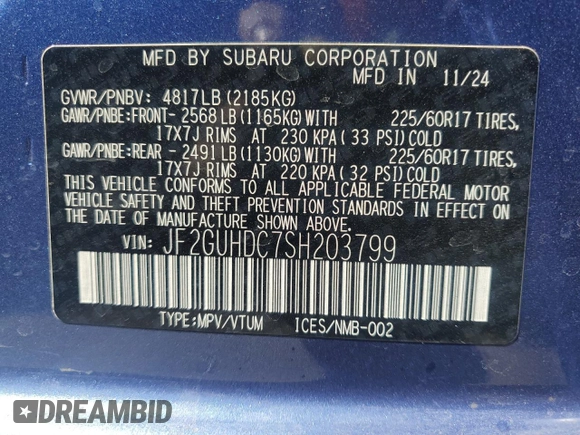 2025 Subaru Crosstrek Premium с VIN JF2GUHDC7SH203799, выставлен на аукционе Copart как лот 50801265 с пробегом 3 861 миль миль и Списание • Salvage title. История ставок и продаж доступна на DreamBid. Изображение 14.