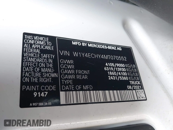 2021 Mercedes-Benz Sprinter Cargo with VIN W1Y4ECHY4MT070552, listed as a IAAI auction lot 41720548 with 110,401 mi miles and . Bid and sale history available at carsss.com. Image 9.