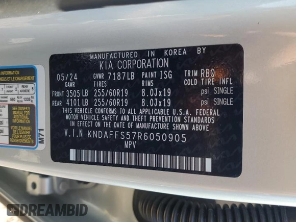2024 Kia EV9 Wind z VIN KNDAFFS57R6050905, wystawiony jako Copart lot #53863965 z przebiegiem 10 210 mil mil oraz Szkoda całkowita • Salvage title. Historia ofert i sprzedaży dostępna na DreamBid. Obrazek 13.