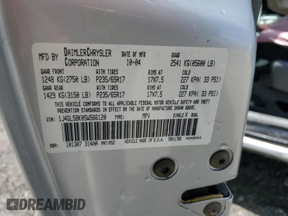 2005 Jeep Liberty Limited с VIN 1J4GL58K05W566120, выставлен на аукционе Copart как лот 61359725 с пробегом 49 943 миль миль и Списание • Salvage title. История ставок и продаж доступна на DreamBid. Изображение 12.