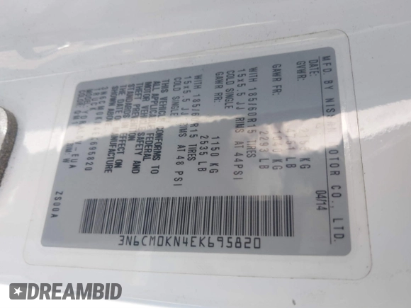 2014 Nissan NV200 S with VIN 3N6CM0KN4EK695820, listed as a IAAI auction lot 41695282 with 170,209 mi miles and . Bid and sale history available at DreamBid. Image 9.