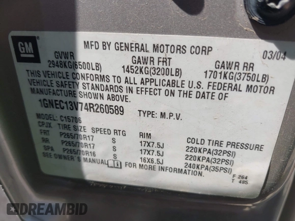 2004 Chevrolet Tahoe LS z VIN 1GNEC13V74R260589, wystawiony jako IAAI lot #41783855 z przebiegiem 289 246 mil mil oraz . Historia ofert i sprzedaży dostępna na DreamBid. Obrazek 9.