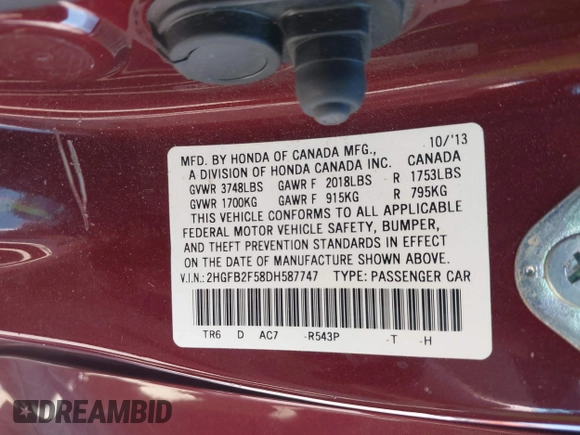 2013 Honda Civic LX with VIN 2HGFB2F58DH587747, listed as a IAAI auction lot 41862922 with 38,797 mi miles and . Bid and sale history available at DreamBid. Image 9.