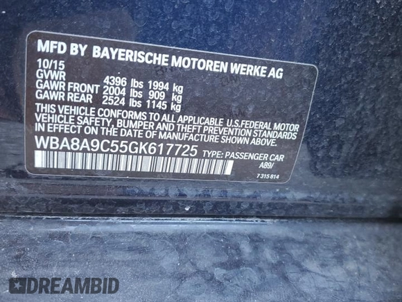 2016 BMW 3 Series 320i with VIN WBA8A9C55GK617725, listed as a Copart auction lot 88348055 with 121,746 mi miles and Salvage Title. Bid and sale history available at carsss.com. Image 12.