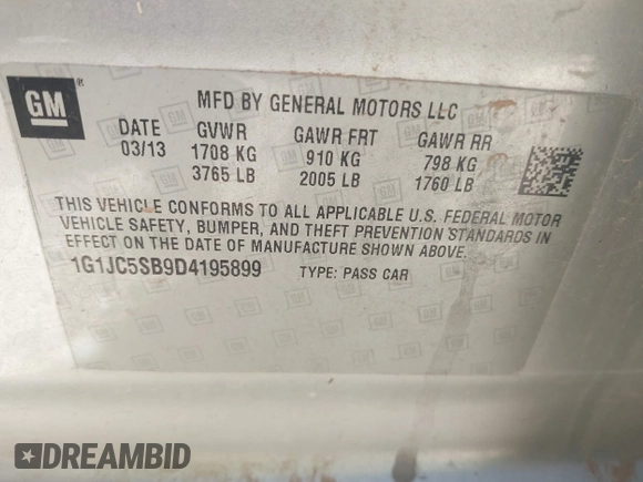 2013 Chevrolet Sonic LT with VIN 1G1JC5SB9D4195899, listed as a IAAI auction lot 42088459 with Not Provided miles and . Bid and sale history available at DreamBid. Image 9.
