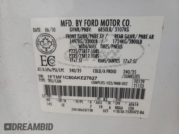 2010 Ford F-150 XL with VIN 1FTMF1C80AKE27627, listed as a Copart auction lot 82574584 with 360,892 mi miles and Salvage Title. Bid and sale history available at carsss.com. Image 13.