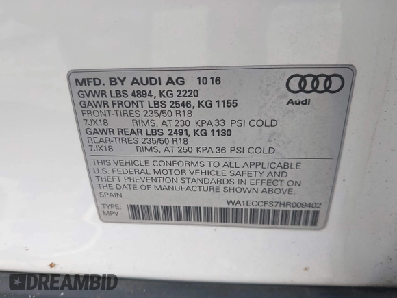 2017 Audi Q3 Premium z VIN WA1ECCFS7HR009402, wystawiony jako IAAI lot #42462248 z przebiegiem 46 536 mil mil oraz . Historia ofert i sprzedaży dostępna na DreamBid. Obrazek 9.