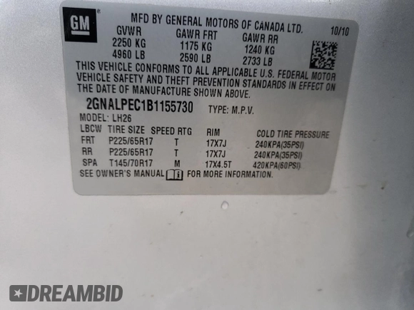 2011 Chevrolet Equinox 2LT z VIN 2GNALPEC1B1155730, wystawiony jako Copart lot #79115644 z przebiegiem 125 708 mil mil oraz Nie do naprawy • Non repairable. Historia ofert i sprzedaży dostępna na DreamBid. Obrazek 14.