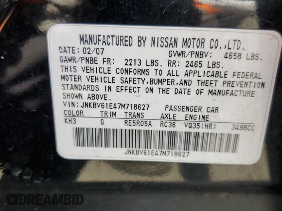 2007 Infiniti G35 Sedan Journey with VIN JNKBV61E47M718627, listed as a Copart auction lot 53912615 with 199,189 mi miles and Salvage Title. Bid and sale history available at carsss.com. Image 12.