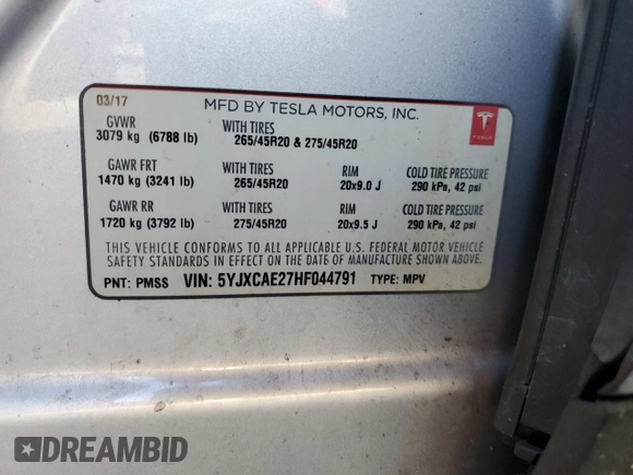 2017 Tesla Model X 90D z VIN 5YJXCAE27HF044791, wystawiony jako Copart lot #46040655 z przebiegiem 149 509 mil mil oraz Szkody całkowita. Historia ofert i sprzedaży dostępna na DreamBid. Obrazek 16.