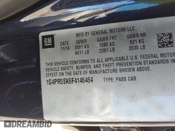 2015 Buick Verano Convenience Group with VIN 1G4PR5SK6F4146464, listed as a IAAI auction lot 42115564 with 23,282 mi miles and . Bid and sale history available at carsss.com. Image 9.