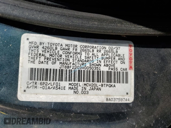 1997 Lexus ES 300 Luxury Sport Sdn with VIN JT8BF22G9V0050351, listed as a Copart auction lot 52082575 with 201,831 mi miles and Salvage Title. Bid and sale history available at carsss.com. Image 12.