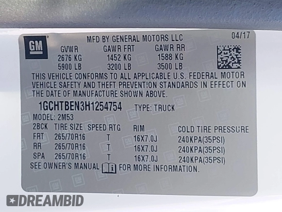 2017 Chevrolet Colorado 4WD WT with VIN 1GCHTBEN3H1254754, listed as a IAAI auction lot 42718083 with 30,027 mi miles and . Bid and sale history available at DreamBid. Image 9.