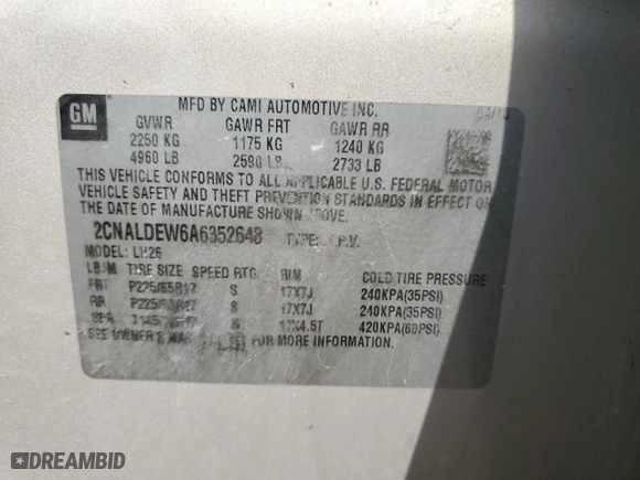 2010 Chevrolet Equinox LT w/1LT with VIN 2CNALDEW6A6352648, listed as a Copart auction lot 52895235 with 134,693 mi miles and Clean Title. Bid and sale history available at carsss.com. Image 13.