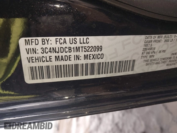 2021 Jeep Compass Limited with VIN 3C4NJDCB1MT522099, listed as a IAAI auction lot 41680834 with 44,110 mi miles and . Bid and sale history available at DreamBid. Image 9.