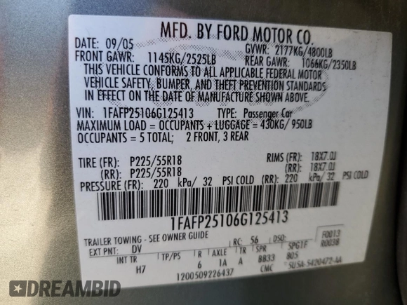 2006 Ford Five Hundred Limited with VIN 1FAFP25106G125413, listed as a Copart auction lot 88673735 with 155,259 mi miles and Clean Title. Bid and sale history available at carsss.com. Image 12.