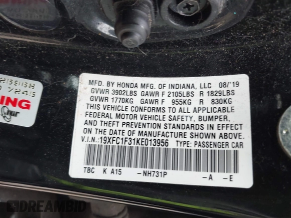 2019 Honda Civic Sedan EX with VIN 19XFC1F31KE013956, listed as a IAAI auction lot 41502562 with 65,752 mi miles. Bid and sale history available at carsss.com. Image 9.