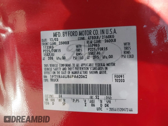2004 Ford Ranger XL Fleet z VIN 1FTYR44U84PA62062, wystawiony jako IAAI lot #42314908 z przebiegiem 150 302 mil mil oraz . Historia ofert i sprzedaży dostępna na DreamBid. Obrazek 9.