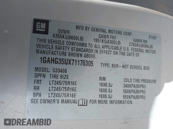 2007 Chevrolet Express Passenger with VIN 1GAHG35UX71176305, listed as a IAAI auction lot 41143812 with 338,940 mi miles and . Bid and sale history available at DreamBid. Image 9.