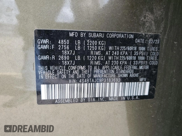 2023 Subaru Outback Onyx с VIN 4S4BTAJC9P3183692, выставлен на аукционе Copart как лот 56671215 с пробегом 33 070 миль миль и Списание • Salvage title. История ставок и продаж доступна на DreamBid. Изображение 13.