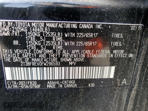2015 Toyota RAV4 LE with VIN 2T3BFREV0FW296593, listed as a Copart auction lot 54052395 with 106,702 mi miles and Salvage title. Bid and sale history available at DreamBid. Image 14.