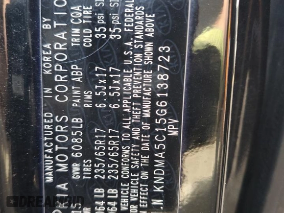 2016 Kia Sedona L with VIN KNDMA5C15G6138723, listed as a Copart auction lot 48953375 with 106,995 mi miles and Salvage Title. Bid and sale history available at DreamBid. Image 14.