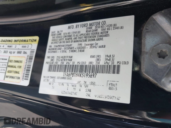 2019 Ford Mustang EcoBoost with VIN 1FA6P8TH4K5195697, listed as a IAAI auction lot 42249316 with 111,638 mi miles and . Bid and sale history available at DreamBid. Image 9.
