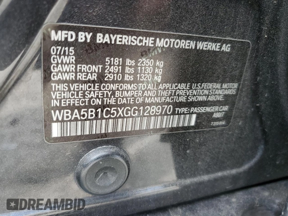 2016 BMW 5 Series 535i with VIN WBA5B1C5XGG128970, listed as a Copart auction lot 52917445 with 215,185 mi miles and Salvage Title. Bid and sale history available at DreamBid. Image 12.