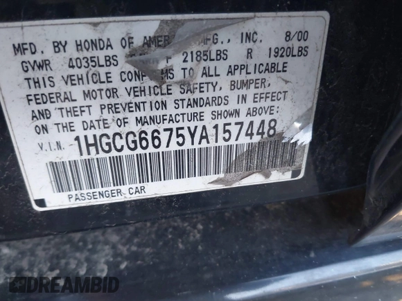 2000 Honda Accord EX z VIN 1HGCG6675YA157448, wystawiony jako IAAI lot #41766455 z przebiegiem Nie podano mil oraz . Historia ofert i sprzedaży dostępna na DreamBid. Obrazek 9.
