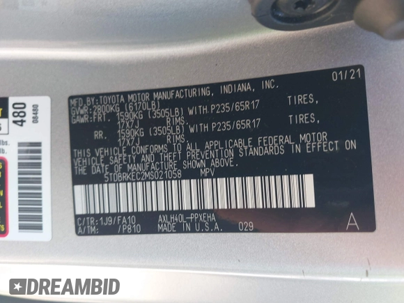 2021 Toyota Sienna LE with VIN 5TDBRKEC2MS021058, listed as a IAAI auction lot 41863947 with 73,608 mi miles. Bid and sale history available at carsss.com. Image 9.