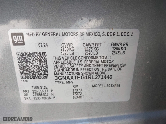 2024 Chevrolet Equinox LT with VIN 3GNAXTEG1RL271440, listed as a IAAI auction lot 41863055 with 20,746 mi miles. Bid and sale history available at carsss.com. Image 9.