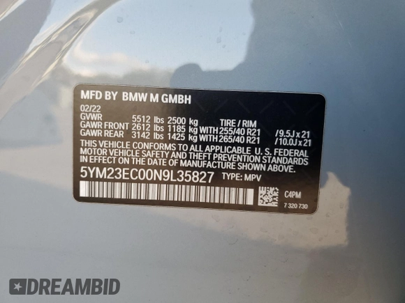 2022 BMW X4 M z VIN 5YM23EC00N9L35827, wystawiony jako Copart lot #87932635 z przebiegiem Nie podano mil oraz Szkoda całkowita • Salvage title. Historia ofert i sprzedaży dostępna na DreamBid. Obrazek 15.