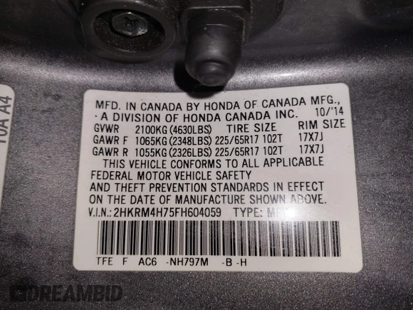 2015 Honda CR-V EX-L with VIN 2HKRM4H75FH604059, listed as a IAAI auction lot 41869535 with 131,848 mi miles. Bid and sale history available at carsss.com. Image 9.