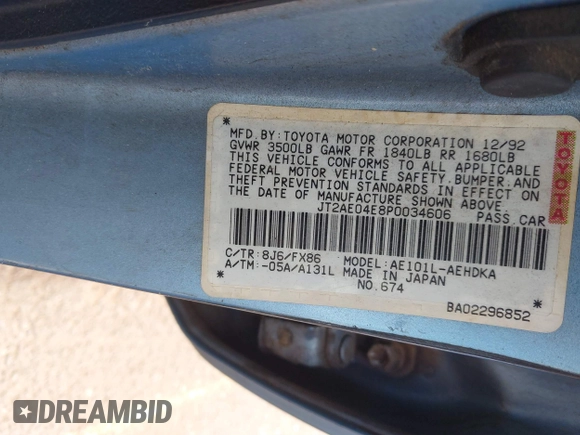 1993 Toyota Corolla with VIN JT2AE04E8P0034606, listed as a IAAI auction lot 42226816 with 78,266 mi miles and . Bid and sale history available at DreamBid. Image 9.