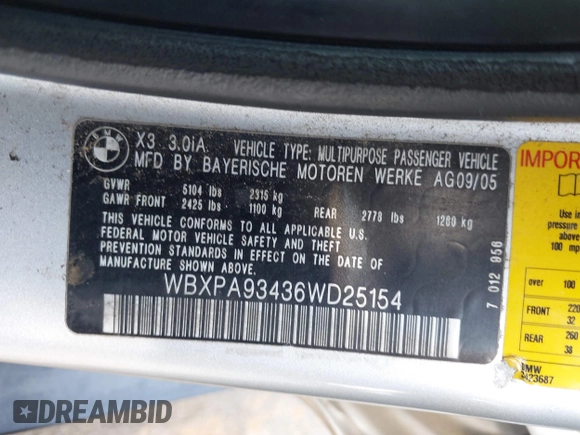 2006 BMW X3 3.0i z VIN WBXPA93436WD25154, wystawiony jako IAAI lot #42224497 z przebiegiem 187 989 mil mil oraz . Historia ofert i sprzedaży dostępna na DreamBid. Obrazek 9.