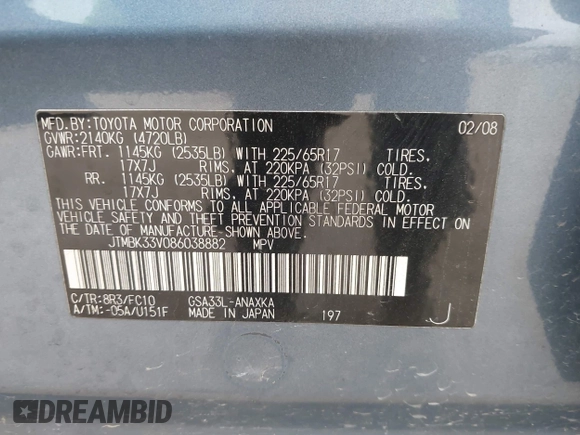 2008 Toyota RAV4 with VIN JTMBK33V086038882, listed as a IAAI auction lot 41945559 with 144,906 mi miles. Bid and sale history available at carsss.com. Image 9.