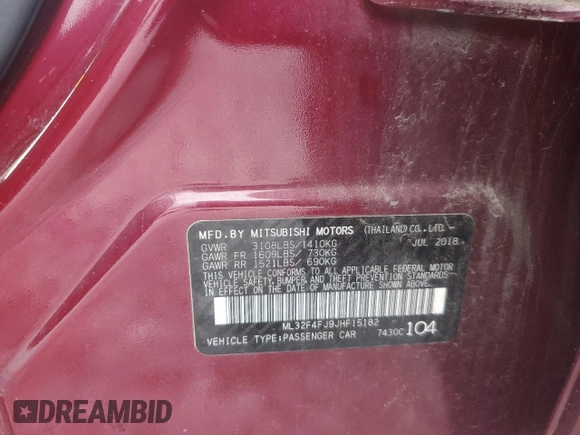 2018 Mitsubishi Mirage G4 SE with VIN ML32F4FJ9JHF15182, listed as a Copart auction lot 73180074 with 75,299 mi miles and Salvage Title. Bid and sale history available at carsss.com. Image 12.