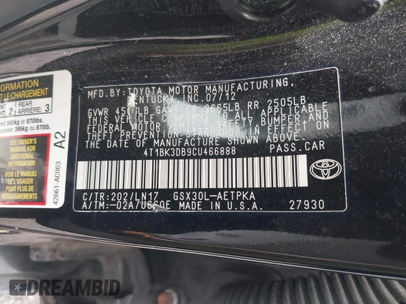2012 Toyota Avalon with VIN 4T1BK3DB9CU466888, listed as a IAAI auction lot 42712681 with 323,252 mi miles and . Bid and sale history available at DreamBid. Image 9.