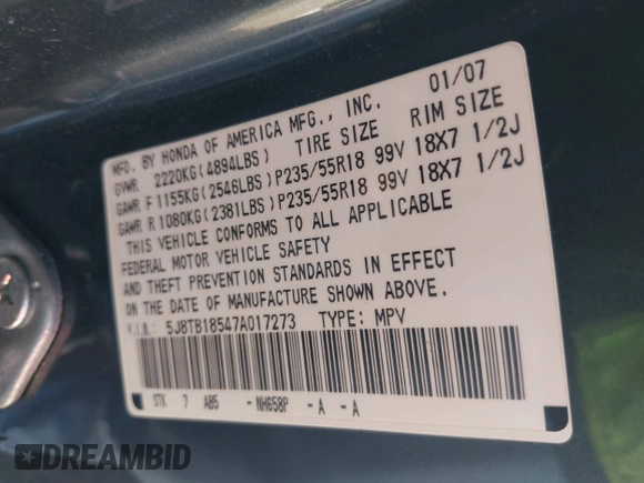 2007 Acura RDX Tech Pkg with VIN 5J8TB18547A017273, listed as a IAAI auction lot 41677874 with 175,322 mi miles. Bid and sale history available at carsss.com. Image 9.